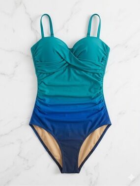 Lane Bryant Mermaid Ombre One-Piece Swimsuit Underwire Support Blue Teal 44D